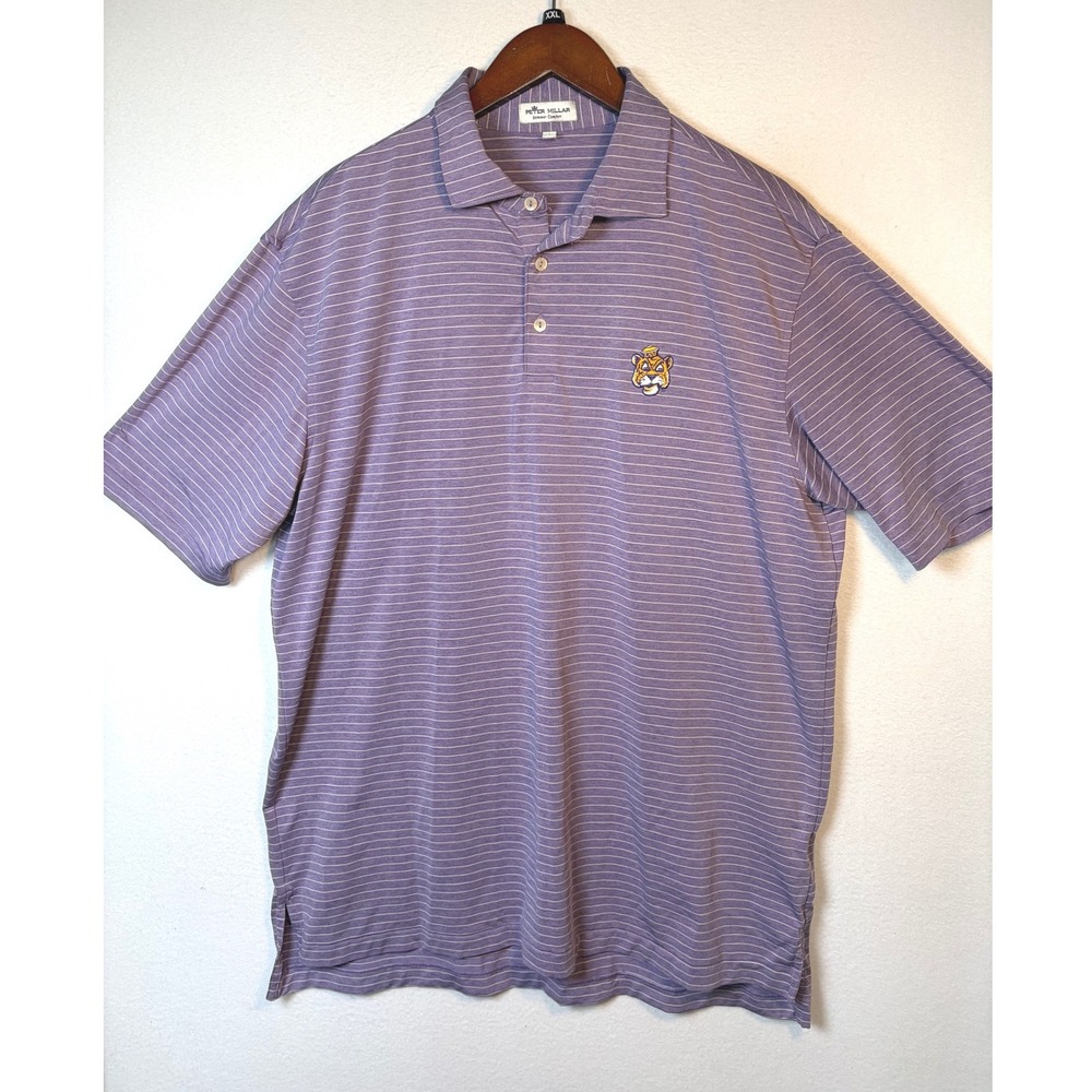Peter Millar Polo Shirt Mens Large Purple Excellent LSU Tigers Striped Golf